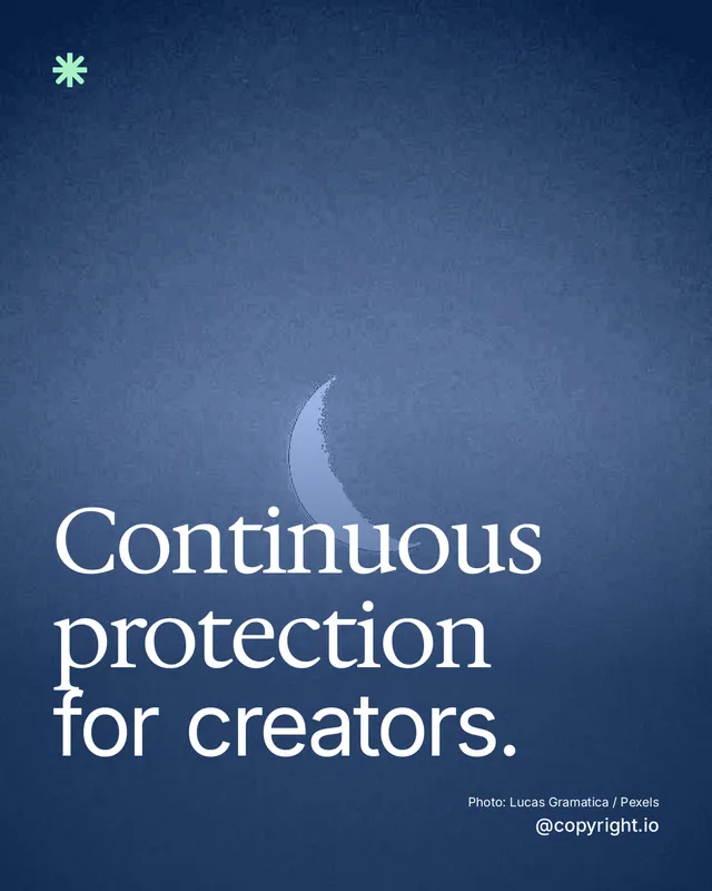 Instagram portrait post for copyright.io: "Continuous protection for creators." Duotone style, technique:pexels ingredient layout, dark palette in blue.