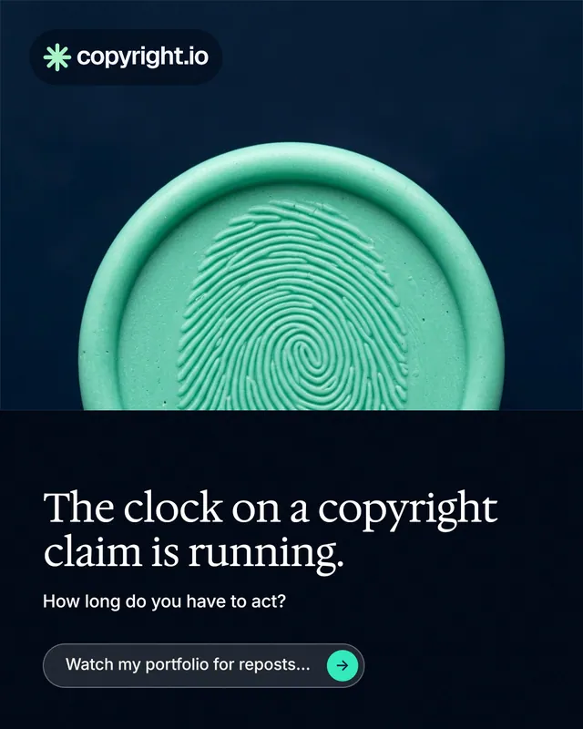 Instagram portrait post for copyright.io: "The clock on a copyright claim is running." Agentic glass style, bottom layout, dark palette in black, teal, blue.