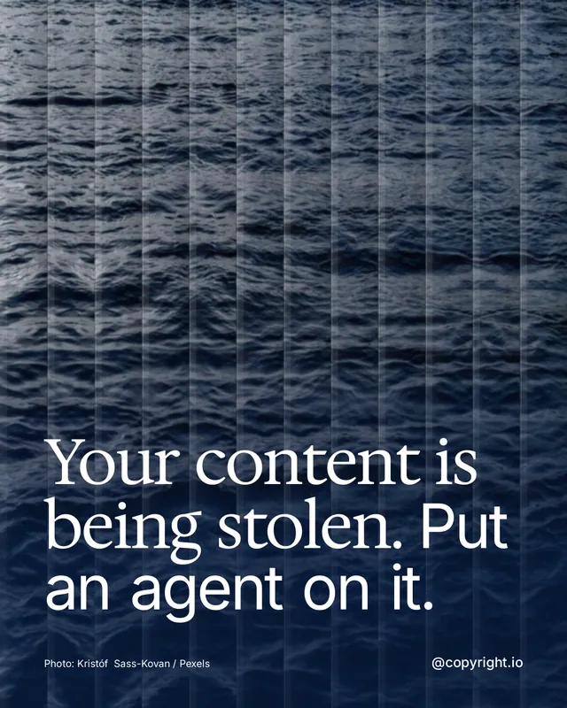 Instagram portrait post for copyright.io: "Your content is being stolen. Put an agent on it." Photo style, technique:fluted glass layout, dark palette in blue, grey.
