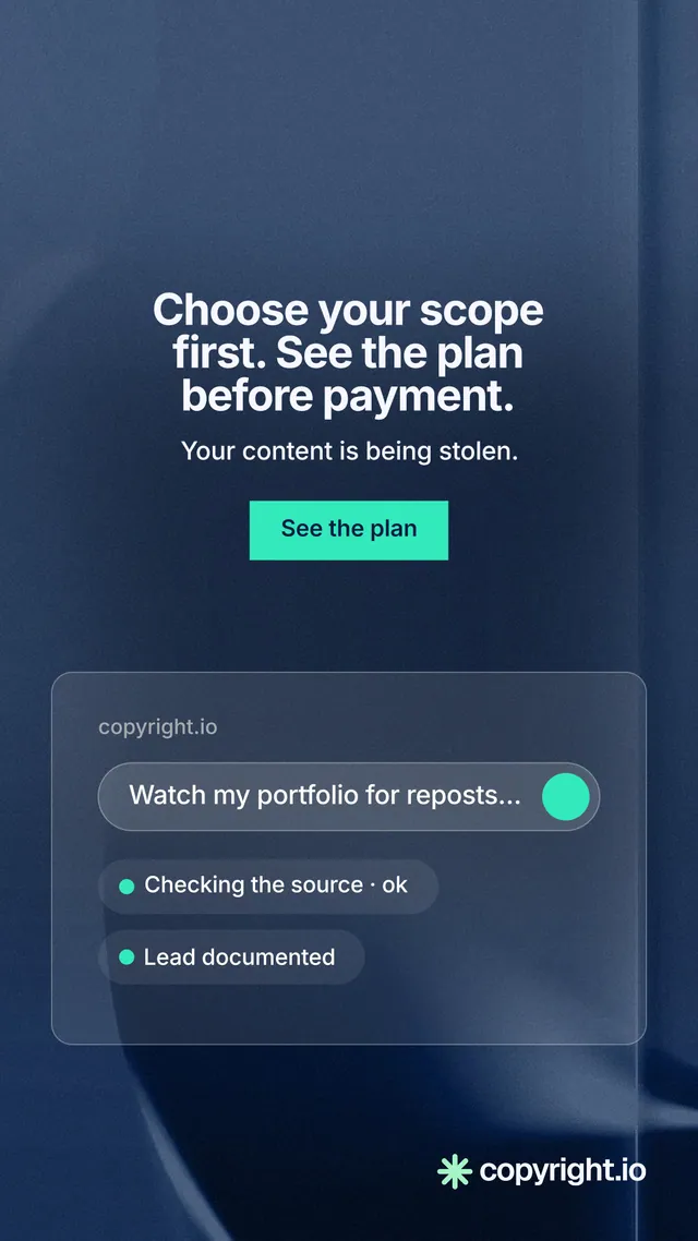 Instagram story for copyright.io: "Choose your scope first. See the plan before payment." Swiss style, centred layout, dark palette in blue.