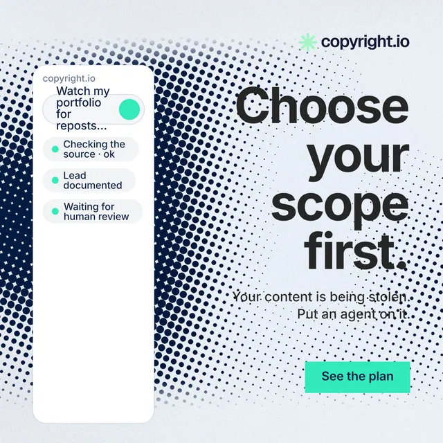 Instagram post for copyright.io: "Choose your scope first." Swiss style, right layout, light palette in blue, grey, white.