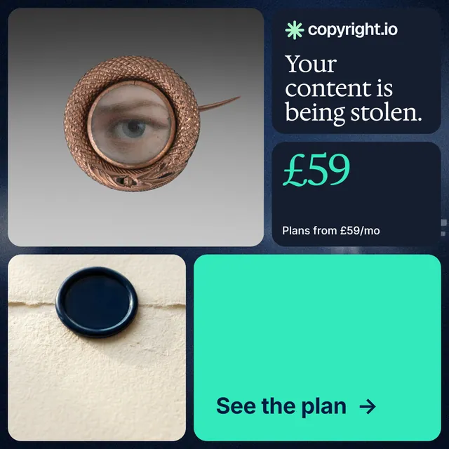 Instagram post for copyright.io: "Your content is being stolen." Agentic glass style, bento layout, light palette in blue, grey, teal.