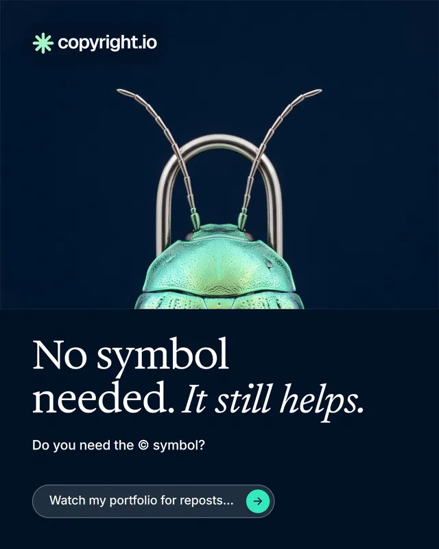 Instagram portrait post for copyright.io: "No symbol needed. It still helps." Agentic glass style, bottom layout, dark palette in black, blue.