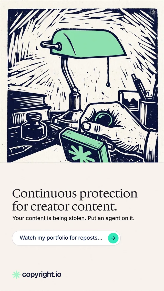 Instagram story for copyright.io: "Continuous protection for creator content." Agentic glass style, bottom layout, light palette in white, grey.