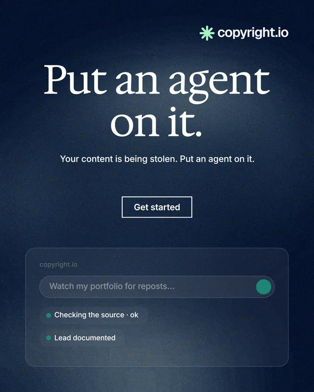 Instagram portrait post for copyright.io: "Put an agent on it." Cyanotype style, centred layout, dark palette in blue, black, grey.