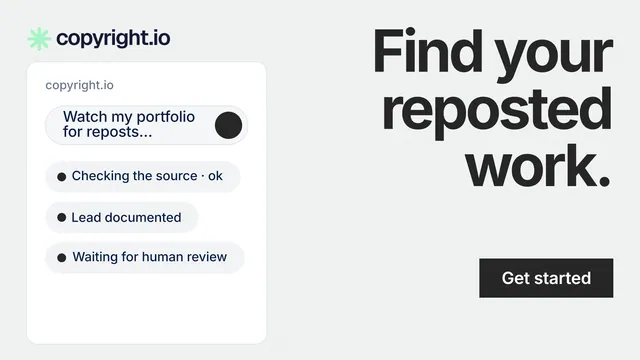 Landscape graphic for copyright.io: "Find your reposted work." Swiss style, right layout, light palette in white, grey.