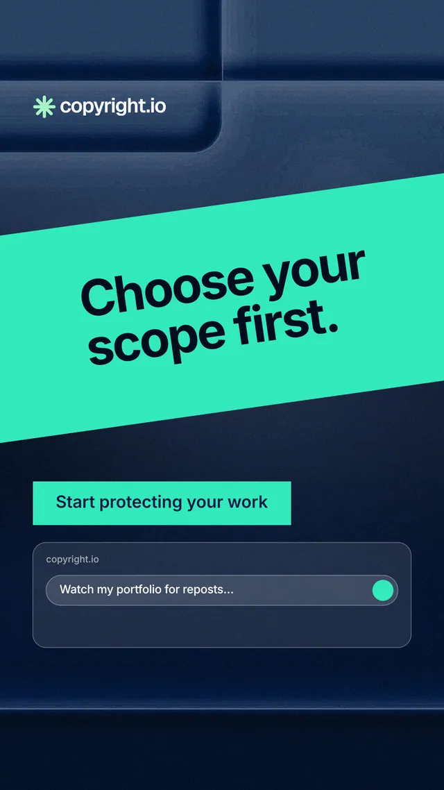 Instagram story for copyright.io: "Choose your scope first." Swiss style, diagonal layout, dark palette in black, blue, teal.