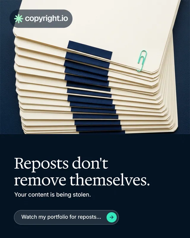 Instagram portrait post for copyright.io: "Reposts don't remove themselves." Agentic glass style, bottom layout, dark palette in yellow, black, blue.