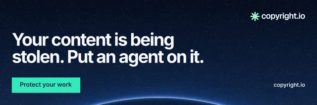 X header for copyright.io: "Your content is being stolen. Put an agent on it." Swiss style, poster layout, dark palette in blue, black.