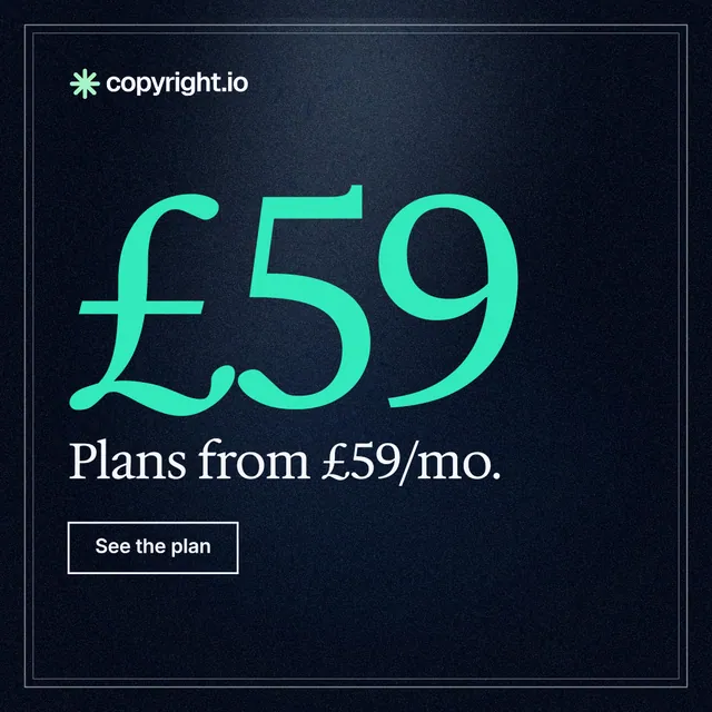 Instagram post for copyright.io: "Find public-web leads and document the evidence." Dark deco style, stat layout, dark palette in black, blue, teal.