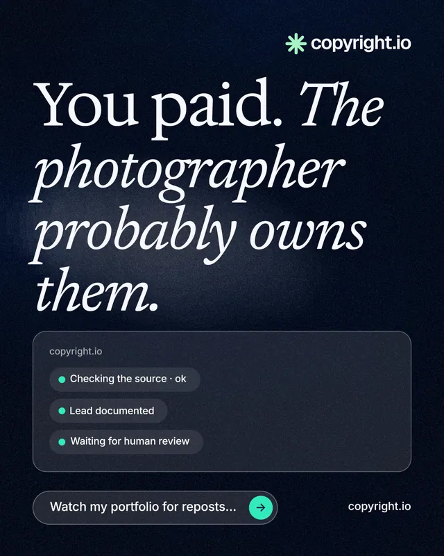 Instagram portrait post for copyright.io: "You paid. The photographer probably owns them." Thermal style, poster layout, dark palette in black, blue, grey.