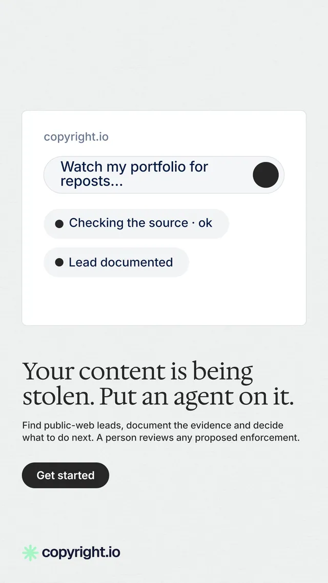Instagram story for copyright.io: "Your content is being stolen. Put an agent on it." Data card style, bottom layout, light palette in white.