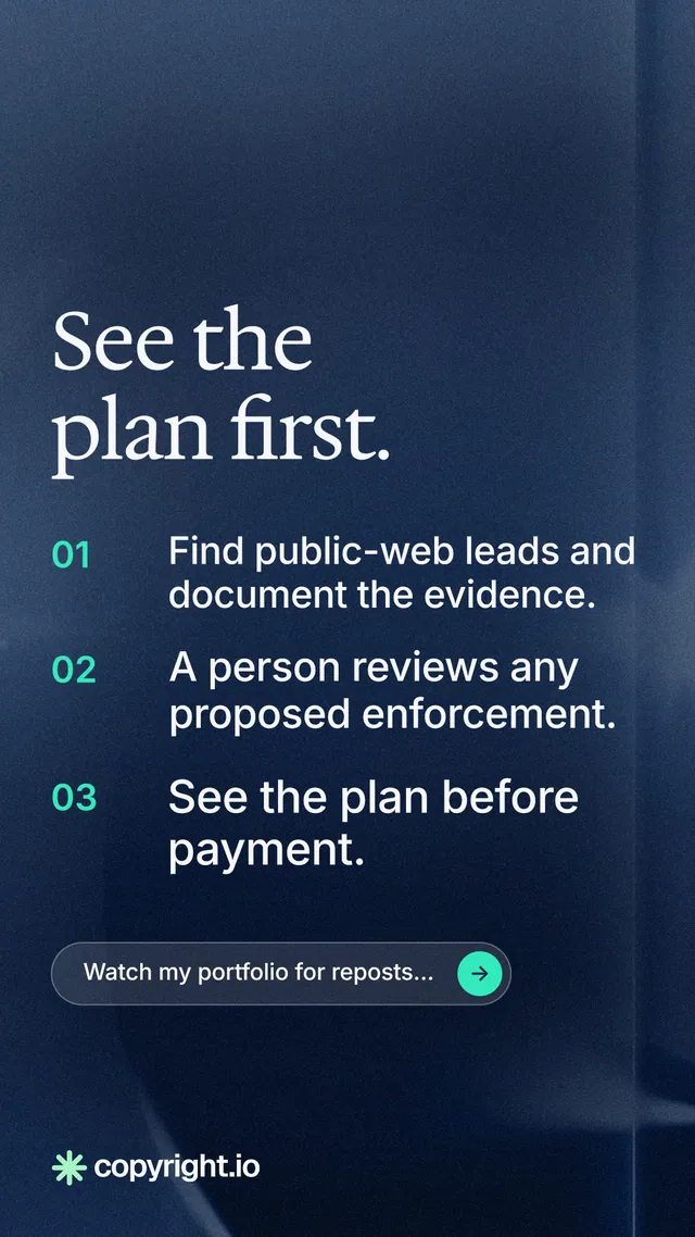 Instagram story for copyright.io: "See the plan first." Agentic glass style, numbered layout, dark palette in blue, black, grey.