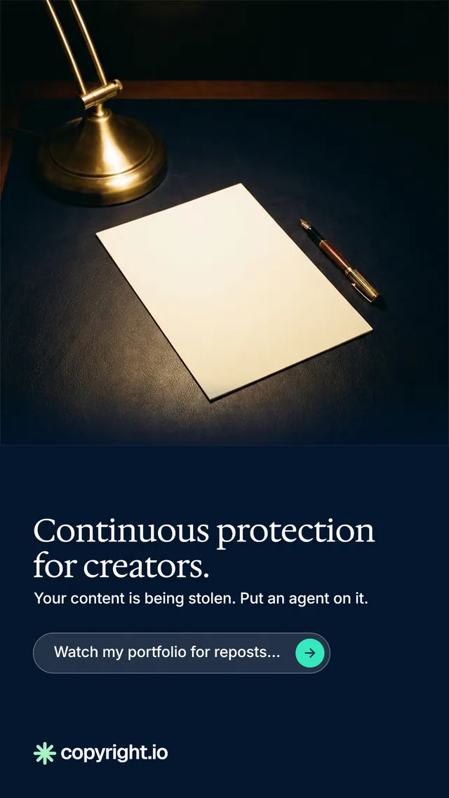 Instagram story for copyright.io: "Continuous protection for creators." Agentic glass style, bottom layout, dark palette in black, grey.