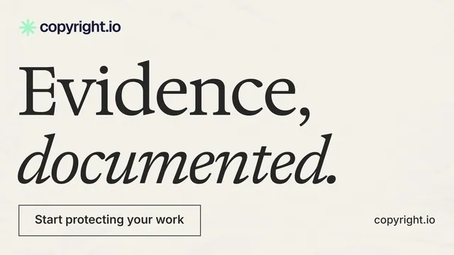 Landscape graphic for copyright.io: "Evidence, documented." Editorial style, poster layout, light palette in white, grey, green.