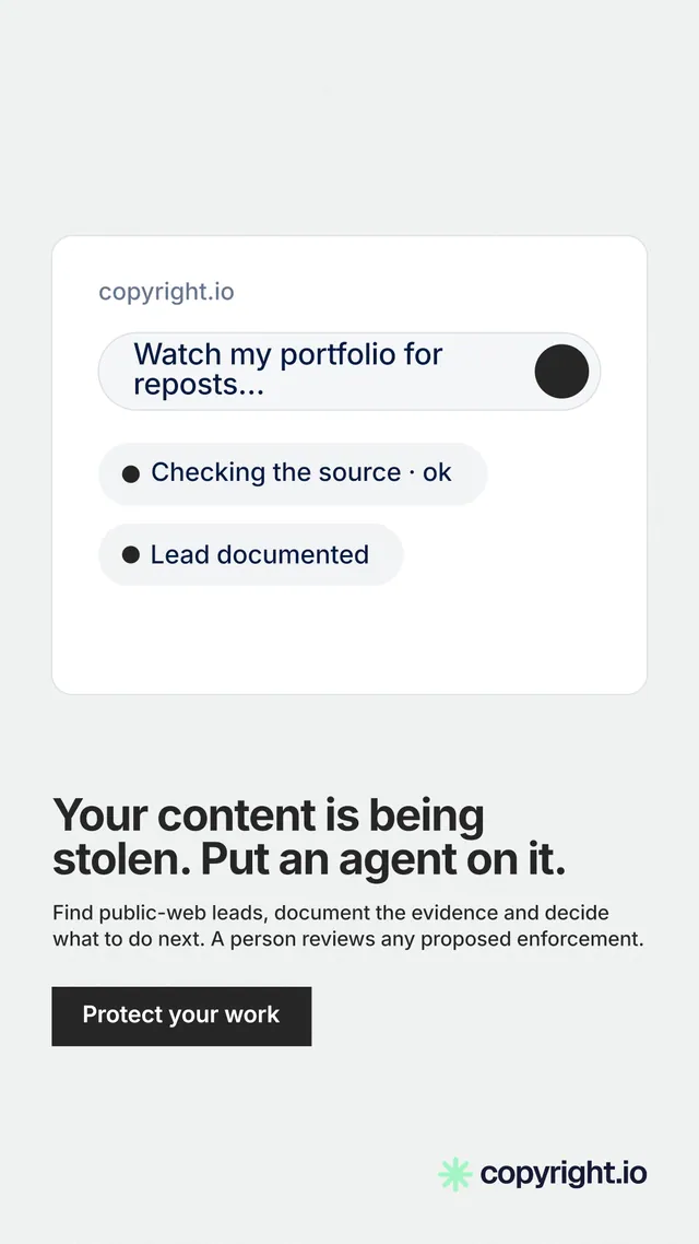 Instagram story for copyright.io: "Your content is being stolen. Put an agent on it." Swiss style, bottom layout, light palette in white.