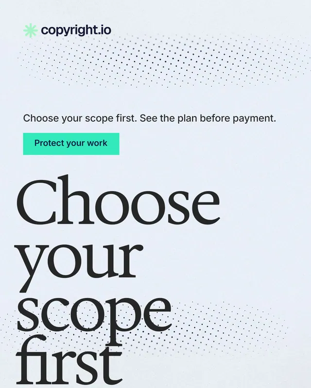 Instagram portrait post for copyright.io: "Choose your scope first." Swiss style, oversized layout, light palette in white, blue, grey.