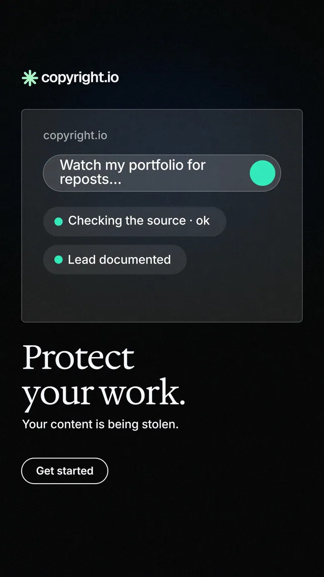 Instagram story for copyright.io: "Protect your work." Phosphor atlas style, bottom layout, dark palette in black.