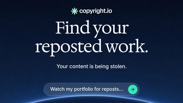 Landscape graphic for copyright.io: "Find your reposted work." Agentic glass style, centred layout, dark palette in blue, black.