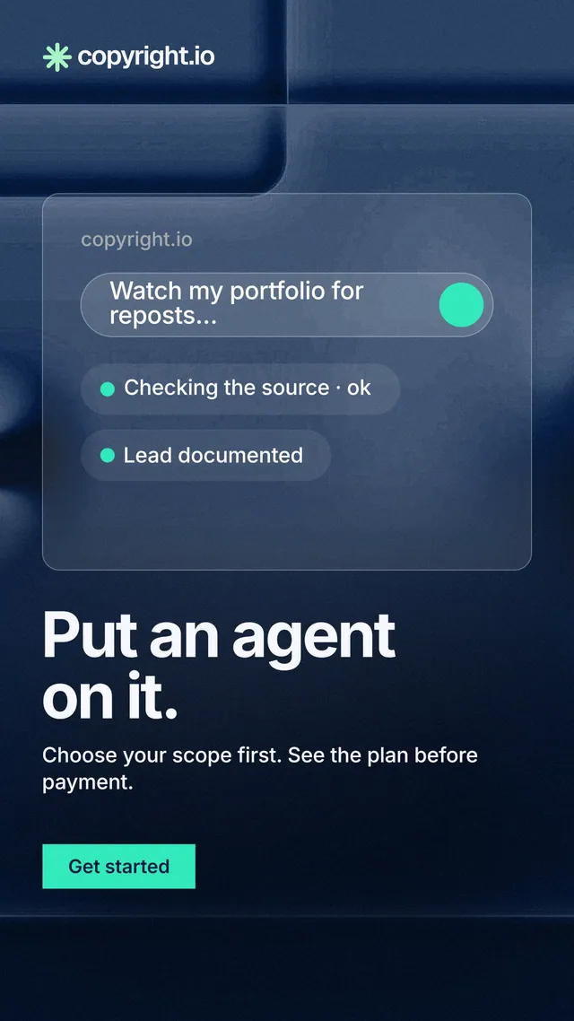 Instagram story for copyright.io: "Put an agent on it." Swiss style, bottom layout, dark palette in black, blue.