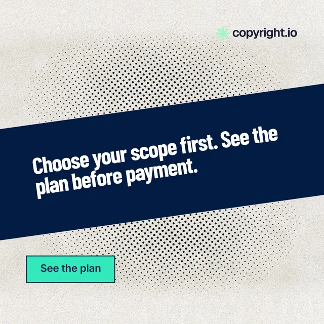 Instagram post for copyright.io: "Choose your scope first. See the plan before payment." Ink sticker style, diagonal layout, light palette in blue, white, grey.