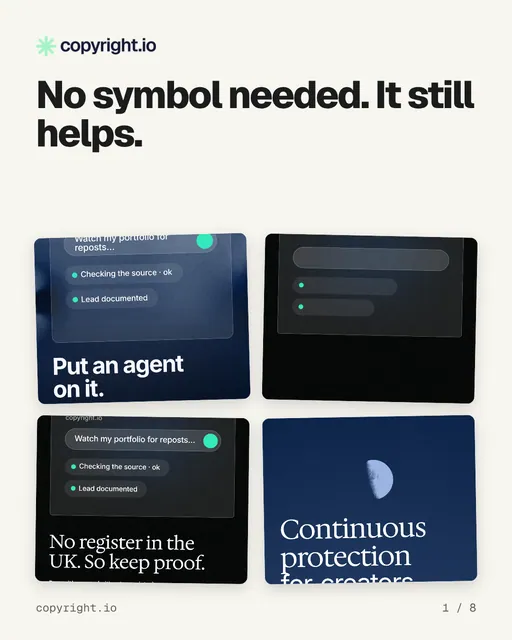 Carousel for copyright.io: "No symbol needed. It still helps.". Collection carousel, 8 slides, light palette.