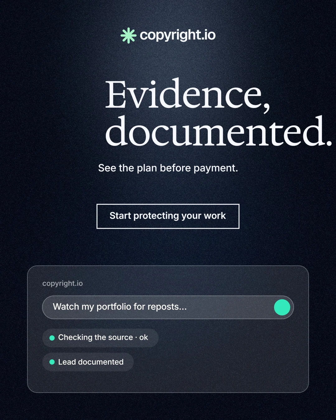 Instagram portrait post for copyright.io: "Evidence, documented." Dark deco style, centred layout, dark palette in black, blue, grey.