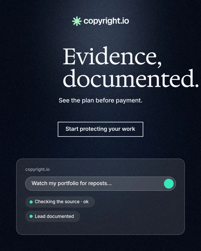 Instagram portrait post for copyright.io: "Evidence, documented." Dark deco style, centred layout, dark palette in black, blue, grey.