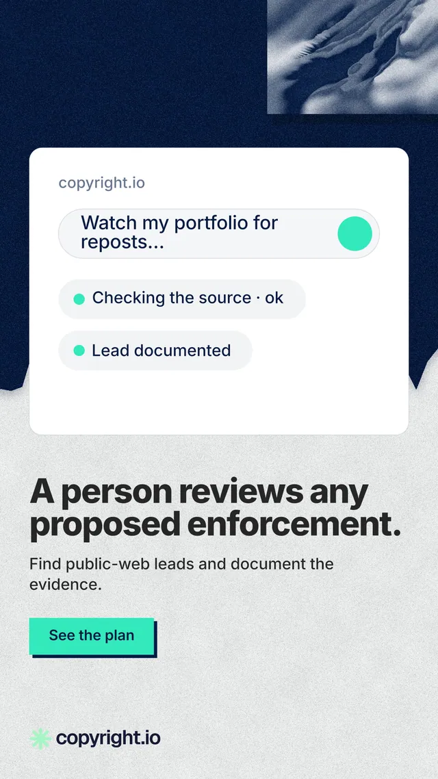 Instagram story for copyright.io: "A person reviews any proposed enforcement." Paper trio style, bottom layout, light palette in white, blue, grey.
