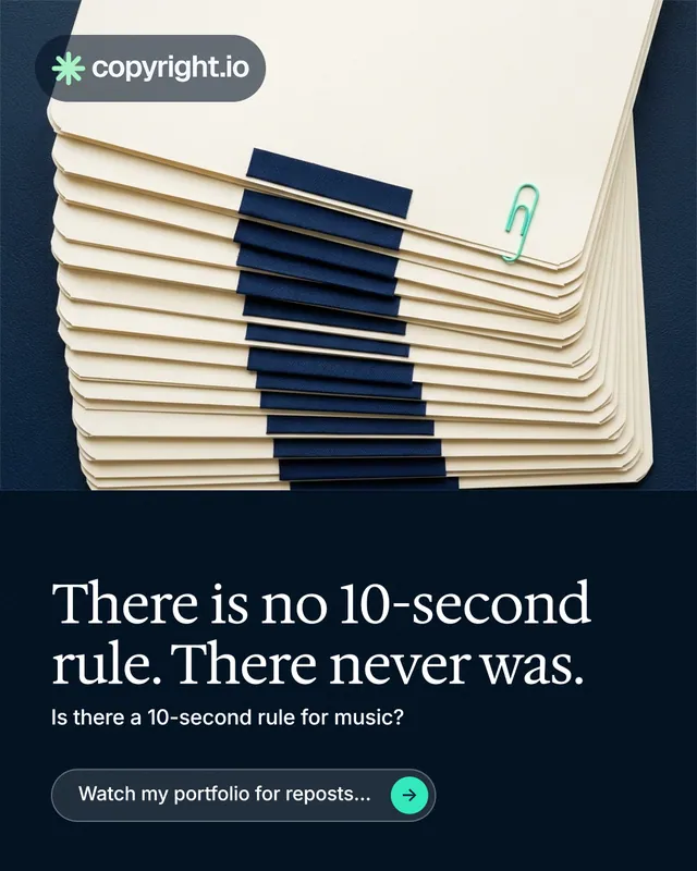 Instagram portrait post for copyright.io: "There is no 10-second rule. There never was." Agentic glass style, bottom layout, dark palette in yellow, black, blue.