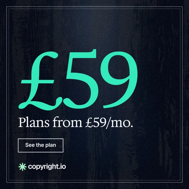 Instagram post for copyright.io: "Reposts don't remove themselves." Dark deco style, stat layout, dark palette in black, teal.