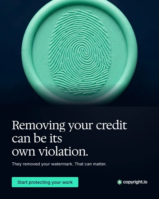 Video for copyright.io: "Removing your credit can be its own violation.". Doc motion loop, 7.0 s, dark palette.