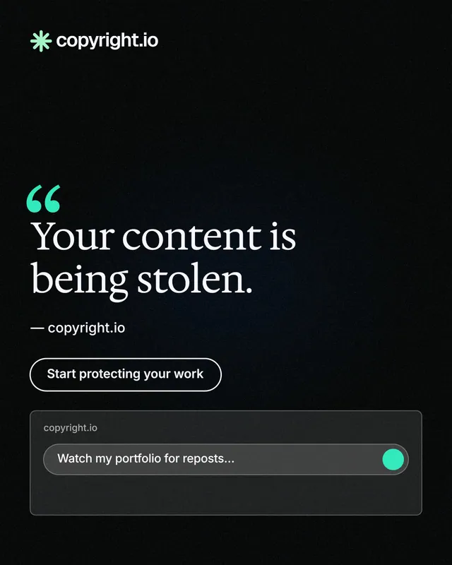 Instagram portrait post for copyright.io: "Your content is being stolen." Phosphor atlas style, quote layout, dark palette in black.