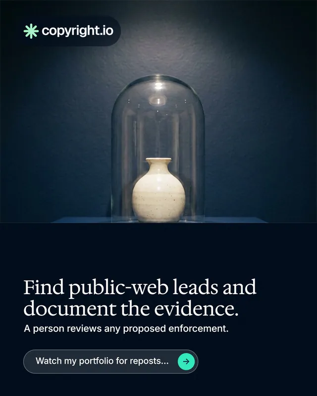 Instagram portrait post for copyright.io: "Find public-web leads and document the evidence." Agentic glass style, bottom layout, dark palette in blue, black, grey.