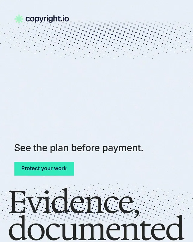 Instagram portrait post for copyright.io: "Evidence, documented." Swiss style, oversized layout, light palette in white, blue, teal.