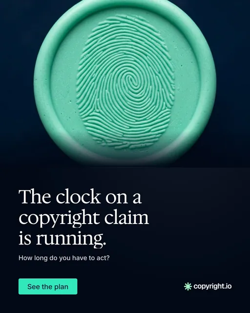 Video for copyright.io: "The clock on a copyright claim is running.". Doc motion loop, 8.0 s, dark palette.