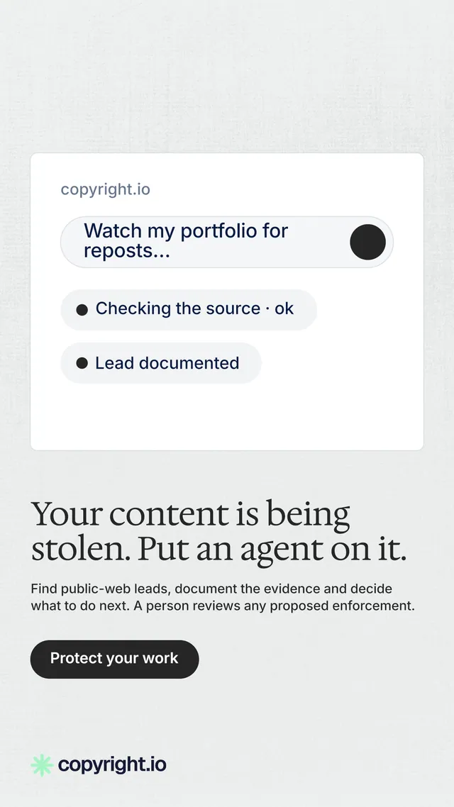 Instagram story for copyright.io: "Your content is being stolen. Put an agent on it." Data card style, bottom layout, light palette in white, grey.