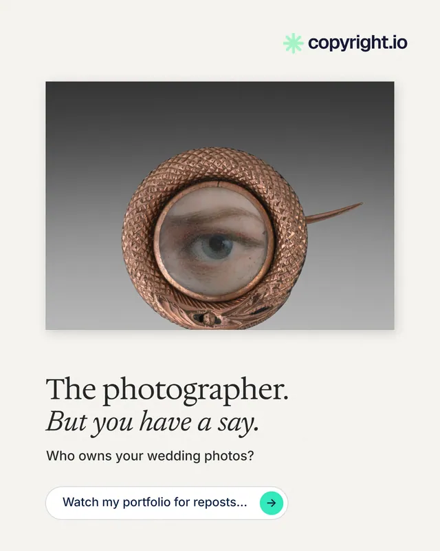 Instagram portrait post for copyright.io: "The photographer. But you have a say." Agentic glass style, bottom layout, light palette in white, grey.