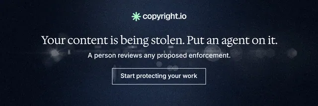 X header for copyright.io: "Your content is being stolen. Put an agent on it." Dark deco style, centred layout, dark palette in black, blue, grey.