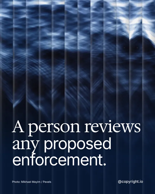 Instagram portrait post for copyright.io: "A person reviews any proposed enforcement." Photo style, technique:fluted glass layout, dark palette in blue, black.