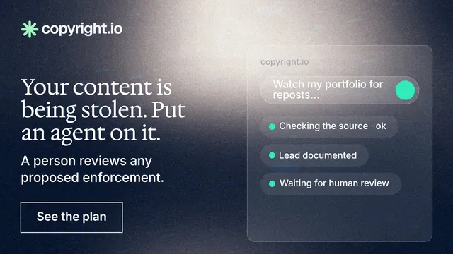 Landscape graphic for copyright.io: "Your content is being stolen. Put an agent on it." Cyanotype style, bottom layout, dark palette in blue, grey, white.