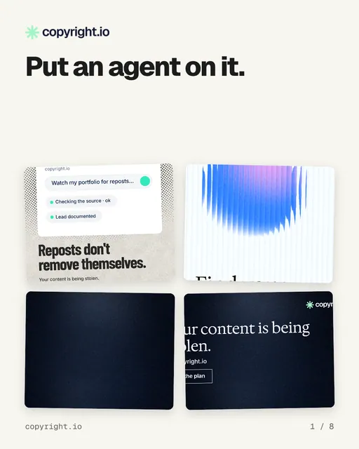 Carousel for copyright.io: "Put an agent on it.". Collection carousel, 8 slides, light palette.