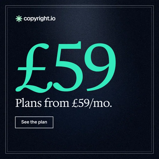 Instagram post for copyright.io: "Your content is being stolen. Put an agent on it." Dark deco style, stat layout, dark palette in black, teal.