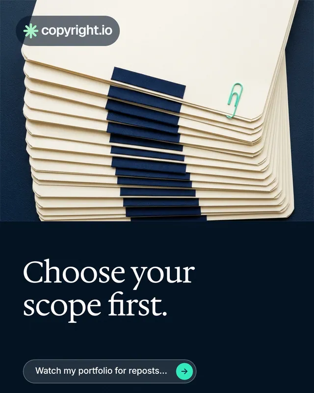 Instagram portrait post for copyright.io: "Choose your scope first." Agentic glass style, bottom layout, dark palette in yellow, black, blue.