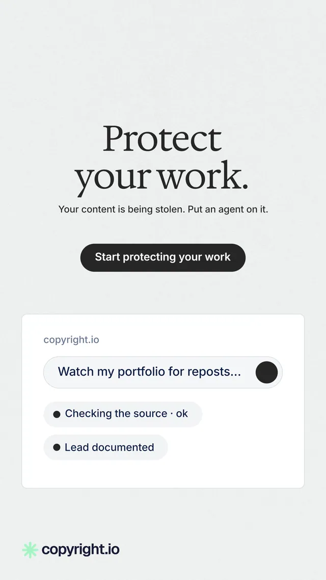 Instagram story for copyright.io: "Protect your work." Data card style, centred layout, light palette in white, grey.