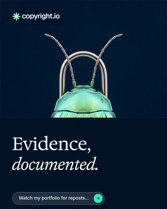 Instagram portrait post for copyright.io: "Evidence, documented." Agentic glass style, bottom layout, dark palette in black, blue.