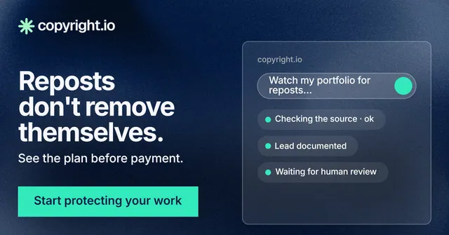 Social ad for copyright.io: "Reposts don't remove themselves." Swiss style, bottom layout, dark palette in blue, teal, black.