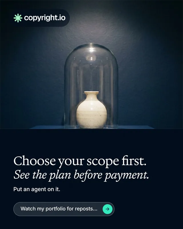Instagram portrait post for copyright.io: "Choose your scope first. See the plan before payment." Agentic glass style, bottom layout, dark palette in blue, black, grey.