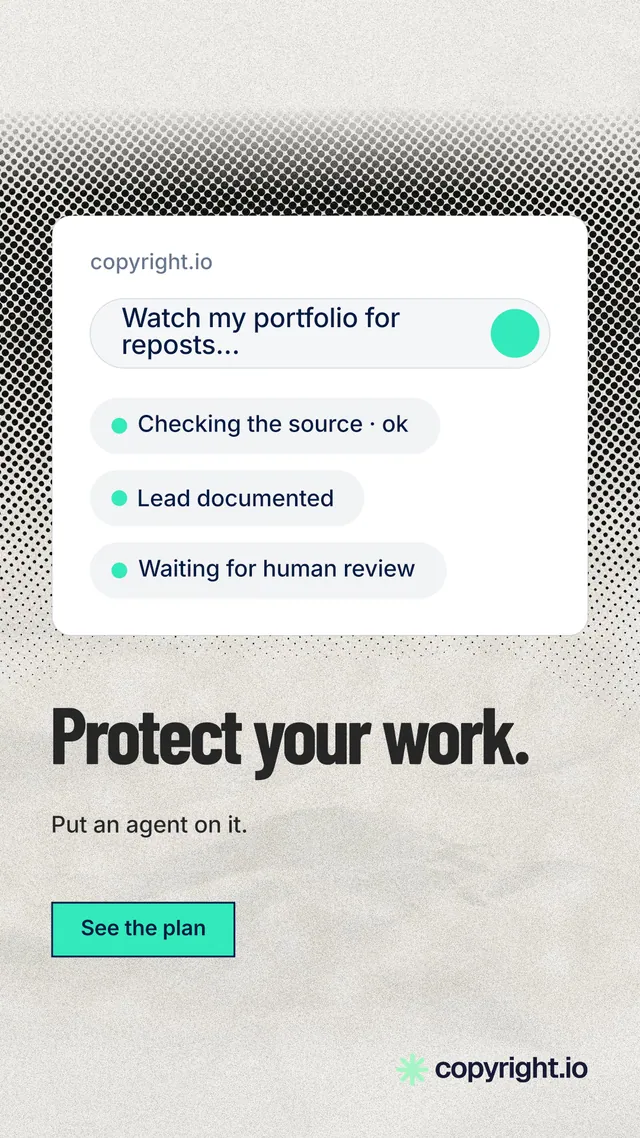Instagram story for copyright.io: "Protect your work." Ink sticker style, bottom layout, light palette in white, grey.
