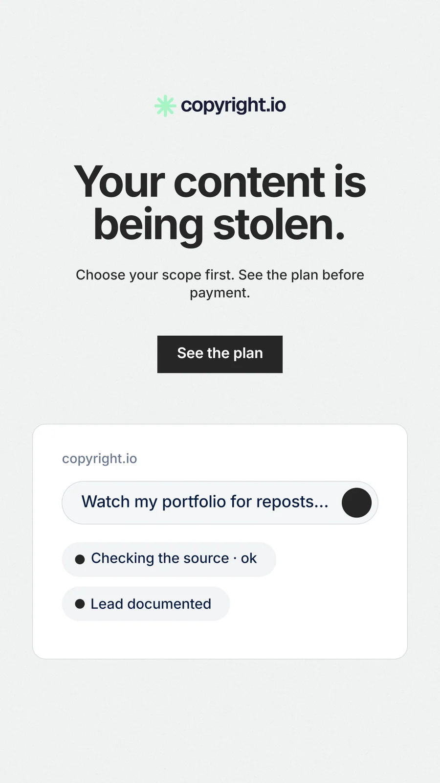 Instagram story for copyright.io: "Your content is being stolen." Swiss style, centred layout, light palette in white.